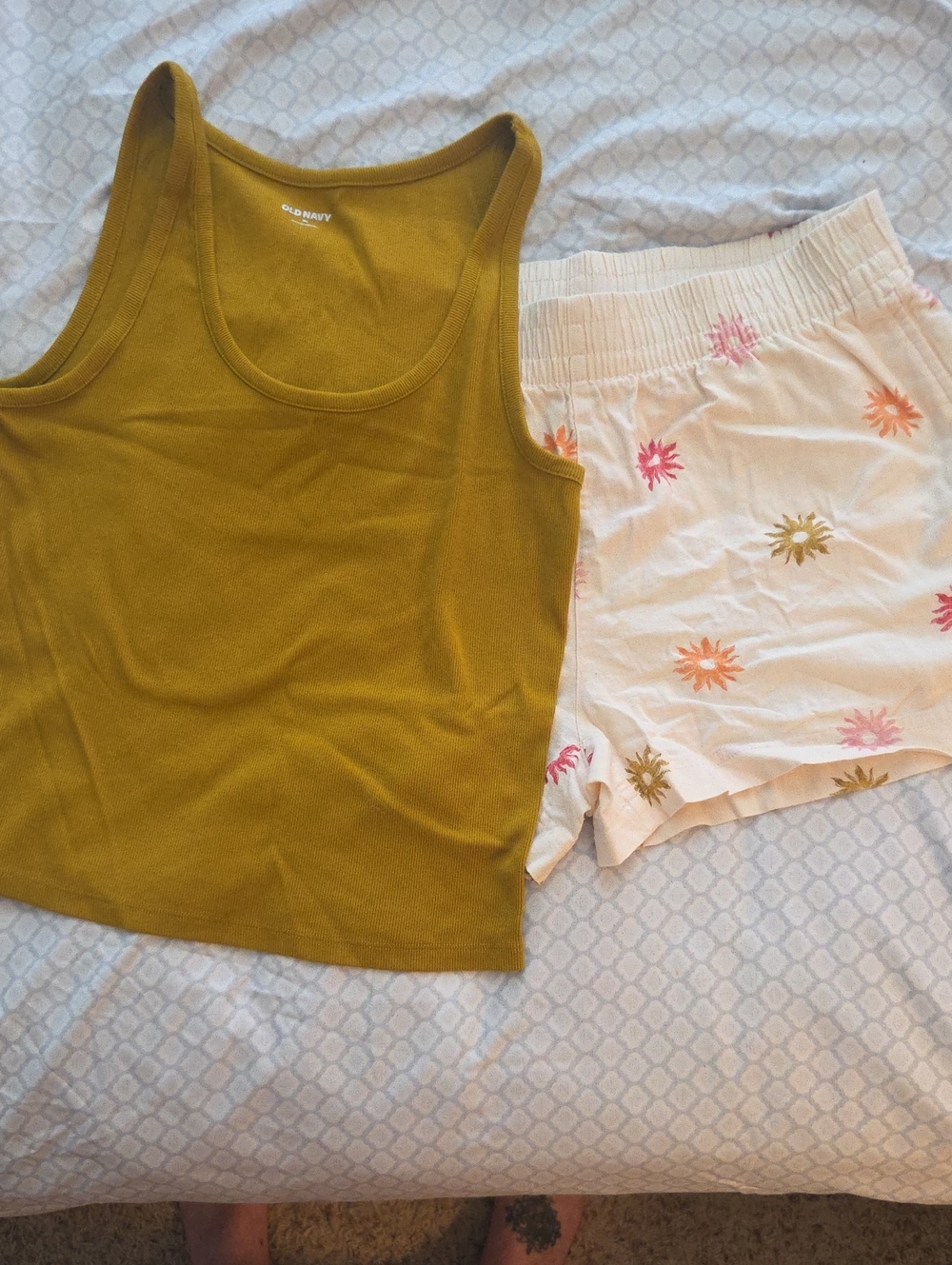 Old Navy Mustard Green Tank with Cream Floral Lounge Shorts